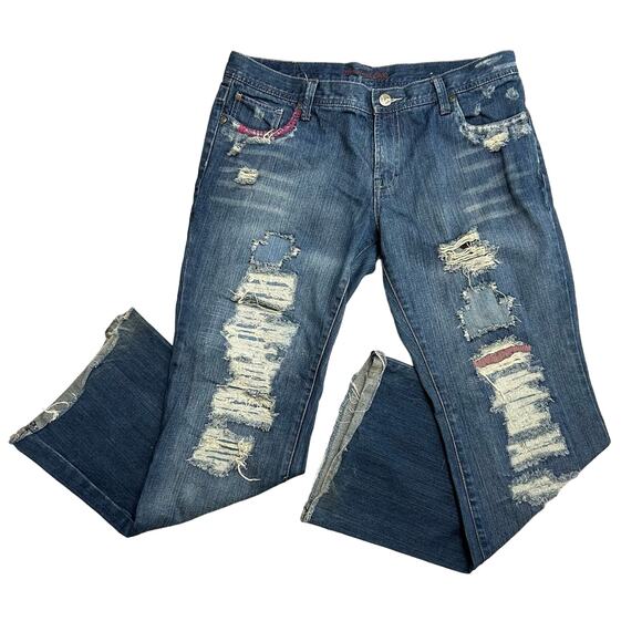 Y2K American Eagle Hipster Skinny Flare Jeans WMNS 14R Retro Mid Rise Distressed - Picture 1 of 9